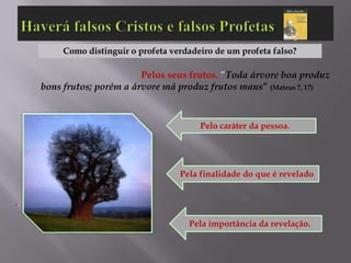 Como distinguir o profeta verdadeiro de um profeta falso?

                            Pelos seus frutos. “Toda árvore boa produz
     bons frutos; porém a árvore má produz frutos maus” (Mateus 7, 17)


                                           Pelo caráter da pessoa.




                                      Pela finalidade do que é revelado


..

                                        Pela importância da revelação.
 