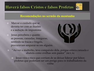 Recomendações no sermão da montanha

   Marcar o cuidado que se
    deveria ter com as ilusões
    e a sedução de impostores
   Jesus percebera o quanto
    as pessoas, cansadas, inseguras,
    sentindo-se fracas e frágeis,
    procuravam amparar-se em alguém.
   “Ao ver a multidão, teve compaixão dela, porque estava cansada e
               abatida como ovelhas sem pastor” (Mt 9, 36)
        Jesus vira o risco que corriam de se deixar liderar por falsos
        profetas que poderiam ser um perigo para os trabalhadores da
                                      vinha
 