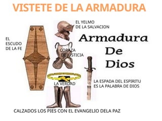 EL
ESCUDO
DE LA FE CORAZA
DE JUSTICIA
CALZADOS LOS PIES CON EL EVANGELIO DELA PAZ
LA ESPADA DEL ESPIRITU
ES LA PALABRA DE DIOS
EL YELMO
DE LA SALVACION
LA VERDAD
VISTETE DE LA ARMADURA
 