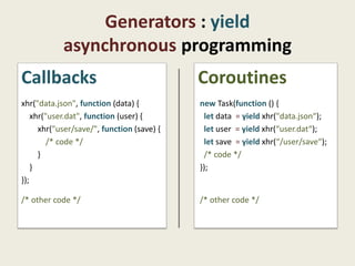 Generators : yield
            asynchronous programming
Callbacks                                   Coroutines
xhr("data.json", function (data) {          new Task(function () {
    xhr("user.dat", function (user) {        let data = yield xhr("data.json“);
      xhr("user/save/", function (save) {    let user = yield xhr(“user.dat“);
         /* code */                          let save = yield xhr(“/user/save“);
      }                                      /* code */
    }                                       });
});

/* other code */                            /* other code */
 