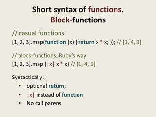 Short syntax of functions.
              Block-functions
// casual functions
[1, 2, 3].map(function (x) { return x * x; })...