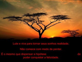 Lute e viva para tornar seus sonhos realidade.
Não comece com medo de perder.
É o mesmo que dispensar a hipótese de
poder conquistar a felicidade.
 