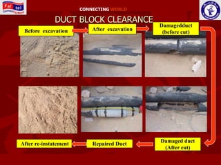 CONNECTING WORLD

              DUCT BLOCK CLEARANCE
                                              Damagedduct
 Before excavation         After excavation
                                               (before cut)




                                              Damaged duct
After re-instatement       Repaired Duct
                                               (After cut)
 