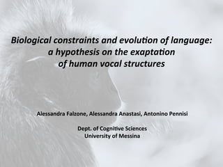 Biological 
constraints 
and 
evolu1on 
of 
language: 
a 
hypothesis 
on 
the 
exapta1on 
of 
human 
vocal 
structures 
Alessandra 
Falzone, 
Alessandra 
Anastasi, 
Antonino 
Pennisi 
Dept. 
of 
Cogni7ve 
Sciences 
University 
of 
Messina 
 