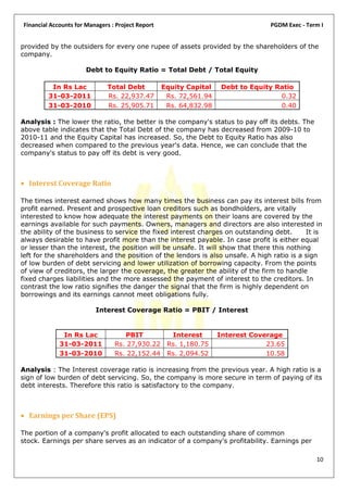Financial Accounts for Managers : Project Report                                  PGDM Exec - Term I


provided by the outsiders for every one rupee of assets provided by the shareholders of the
company.

                      Debt to Equity Ratio = Total Debt / Total Equity

          In Rs Lac           Total Debt           Equity Capital    Debt to Equity Ratio
         31-03-2011           Rs. 22,937.47         Rs. 72,561.94                    0.32
         31-03-2010           Rs. 25,905.71         Rs. 64,832.98                    0.40

Analysis : The lower the ratio, the better is the company's status to pay off its debts. The
above table indicates that the Total Debt of the company has decreased from 2009-10 to
2010-11 and the Equity Capital has increased. So, the Debt to Equity Ratio has also
decreased when compared to the previous year's data. Hence, we can conclude that the
company's status to pay off its debt is very good.



 Interest Coverage Ratio

The times interest earned shows how many times the business can pay its interest bills from
profit earned. Present and prospective loan creditors such as bondholders, are vitally
interested to know how adequate the interest payments on their loans are covered by the
earnings available for such payments. Owners, managers and directors are also interested in
the ability of the business to service the fixed interest charges on outstanding debt.       It is
always desirable to have profit more than the interest payable. In case profit is either equal
or lesser than the interest, the position will be unsafe. It will show that there this nothing
left for the shareholders and the position of the lendors is also unsafe. A high ratio is a sign
of low burden of debt servicing and lower utilization of borrowing capacity. From the points
of view of creditors, the larger the coverage, the greater the ability of the firm to handle
fixed charges liabilities and the more assessed the payment of interest to the creditors. In
contrast the low ratio signifies the danger the signal that the firm is highly dependent on
borrowings and its earnings cannot meet obligations fully.

                          Interest Coverage Ratio = PBIT / Interest


              In Rs Lac             PBIT             Interest       Interest Coverage
             31-03-2011          Rs. 27,930.22      Rs. 1,180.75                 23.65
             31-03-2010          Rs. 22,152.44      Rs. 2,094.52                 10.58

Analysis : The Interest coverage ratio is increasing from the previous year. A high ratio is a
sign of low burden of debt servicing. So, the company is more secure in term of paying of its
debt interests. Therefore this ratio is satisfactory to the company.



 Earnings per Share (EPS)

The portion of a company's profit allocated to each outstanding share of common
stock. Earnings per share serves as an indicator of a company's profitability. Earnings per

                                                                                                 10
 