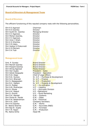 Financial Accounts for Managers : Project Report                              PGDM Exec - Term I


Board of Directors & Management Team


Board of Directors

The efficient functioning of this reputed company rests with the following personalities.

Shri   R S Agarwal                   Chairman
Shri   R S Goenka                    Director
Shri   Sushil Kr. Goenka             Managing Director
Shri   A V Agarwal,                  Director
Shri   Mohan Goenka,                 Director
Shri   H V Agarwal,                  Director
Shri   Viren J Shah,                 Director
Shri   K K Khemka,                   Director
Shri   S N Jalan,                    Director
Shri   Vaidya S Chaturvedi           Director
Shri   K N Memani                    Director
Shri   S K Todi                      Director



Management team

Smt. P. Sureka                       Brand Director
Shri Manish Goenka                   Brand Director
Shri Prasant Goenka                  Brand Director
Shri Dhiraj Agarwal                  Media Director
Shri Hari Gupta                      President – Sales
Shri Ashok Dasgupta                  President – Operation
Shri R.D. Daga                       Chief of Legal Affairs
Shri R.K. Surana                     Sr. V.P. – Purchase & Development
Shri N.H. Bhansali                   Sr. V.P. – Finance
Shri S. Rajagopalan                  Sr. V.P. – Production
Shri R.C. Gattani                    Sr. V.P. – Projects & Development
Shri D. Poddar                       V.P. – Co-ordination
Shri A.B. Mukherjee                  V.P. – Logistics
Shri A. Ghose                        V.P. – Ayurvedic Division
Shri A.K. Rajput                     V.P. –Operations
Shri S. Grover                       V.P. – Rural Marketing
Shri S.K. Mandal                     G.M. – Systems
Shri Vimal Kr. Pande                 G.M. – Sales
Shri P.N. Balakrishnan               G.M. –Technical
Shri A.K. Joshi                      Company Secretary
Shri H.K.Goenka                      G.M. – Works
Dr. Neena Sharma                     G.M. – Ayurveda (R&D)
Shri Raj Kr. Gupta                   G.M. – Purchase
Shri T.R. Rajan                      G.M. – Production
Ms. Ratna Sinha                      Head HR




                                                                                              3
 