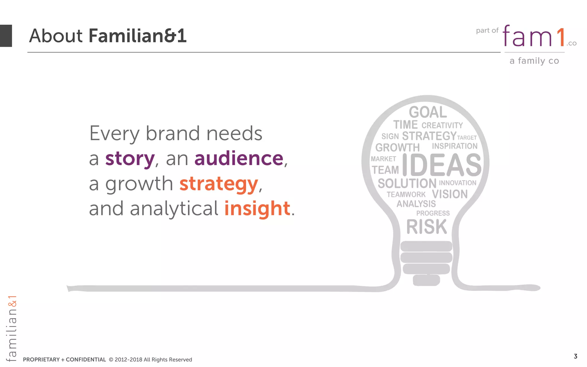 PROPRIETARY + CONFIDENTIAL © 2012-2018 All Rights Reserved
About Familian&1
3
part of
.co
 