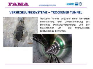 VERBINDUNGS-ANALYSEN
VERSIEGELUNGSSYSTEME – TROCKENER TUNNEL
Trockene Tunnels aufgrund einer korrekten
Projektierung und Dimensionierung des
Systemes Dichtung-Verbindung und der
Massnahmen um die hydraulischen
Leistungen zu bewahren.
 