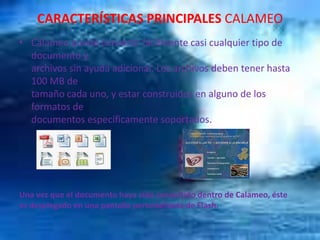 CARACTERÍSTICAS PRINCIPALES CALAMEO
• Calameo puede convertir fácilmente casi cualquier tipo de
documento y
archivos sin ayuda adicional. Los archivos deben tener hasta
100 MB de
tamaño cada uno, y estar construidos en alguno de los
formatos de
documentos específicamente soportados.
Una vez que el documento haya sido convertido dentro de Calameo, éste
es desplegado en una pantalla personalizada de Flash.
 