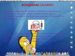 BÚSQUEDAS CALAMEO
El sistema de búsquedas de Calaméo no obtendría un premio por su
interface de usuario, pero entrega resultados sólidos, que son
visualmente navegables e inmediatamente accesibles. También parecen
ser muy rápidos.
Calameo soporta los elementos sociales estándares y las características
de gestión de comunidad, permitiéndote invitar a tantas personas como
desees para que vean, comenten y discutan las publicaciones
directamente sobre la interfaz de Calameo.
 