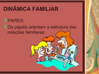 DINÂMICA FAMILIAR
PAPÉIS
Os papéis orientam a estrutura das
relações familiares
 