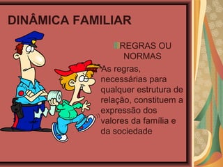 DINÂMICA FAMILIAR
REGRAS OU
NORMAS
As regras,
necessárias para
qualquer estrutura de
relação, constituem a
expressão dos
valores da família e
da sociedade
 