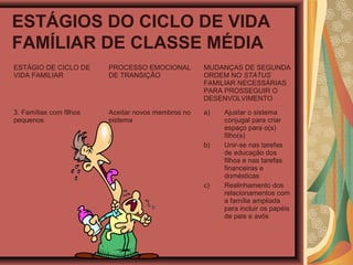 ESTÁGIOS DO CICLO DE VIDA
FAMÍLIAR DE CLASSE MÉDIA
ESTÁGIO DE CICLO DE
VIDA FAMILIAR
PROCESSO EMOCIONAL
DE TRANSIÇÃO
MUDANÇAS DE SEGUNDA
ORDEM NO STATUS
FAMILIAR NECESSÁRIAS
PARA PROSSEGUIR O
DESENVOLVIMENTO
3. Famílias com filhos
pequenos
Aceitar novos membros no
sistema
a) Ajustar o sistema
conjugal para criar
espaço para o(s)
filho(s)
b) Unir-se nas tarefas
de educação dos
filhos e nas tarefas
financeiras e
domésticas
c) Realinhamento dos
relacionamentos com
a família ampliada
para incluir os papéis
de pais e avós
 