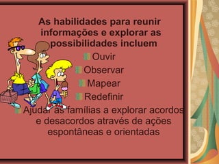 As habilidades para reunir
informações e explorar as
possibilidades incluem
Ouvir
Observar
Mapear
Redefinir
Ajudar as famílias a explorar acordos
e desacordos através de ações
espontâneas e orientadas
 