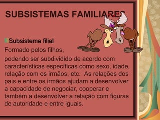 SUBSISTEMAS FAMILIARES
Subsistema filialSubsistema filial
Formado pelos filhos,
podendo ser subdividido de acordo com
características específicas como sexo, idade,
relação com os irmãos, etc. As relações dos
pais e entre os irmãos ajudam a desenvolver
a capacidade de negociar, cooperar e
também a desenvolver a relação com figuras
de autoridade e entre iguais.
 