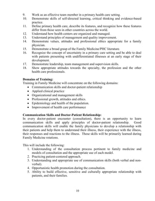 9.     Work as an effective team member in a primary health care setting.
10.    Demonstrate skills of self-directed learning, critical thinking and evidence-based
       practice.
11.    Define primary health care, describe its features, and recognize how these features
       differ from those seen in other countries across the world.
12.    Understand how health centers are organized and managed.
13.    Understand principles of management and quality improvement.
14.    Demonstrate values, attitudes and professional ethics appropriate for a family
       physician.
15.    Demonstrate a broad grasp of the Family Medicine/PHC literature.
16.    Recognize the concept of uncertainty in a primary care setting and be able to deal
       with patients presenting with undifferentiated illnesses at an early stage of their
       development.
17.    Demonstrate leadership, team management and supervision skills.
18.    Show appropriate attitudes towards the specialty, the profession and the other
       health care professionals.

Domains of Training:
Training in Family Medicine will concentrate on the following domains:
   • Communication skills and doctor-patient relationship
   • Applied clinical practice
   • Organizational and management skills
   • Professional growth, attitudes and ethics.
   • Epidemiology and health of the population.
   • Improvement of health care performance

Communication Skills and Doctor-Patient Relationship:
In every doctor-patient encounter (consultation), there is an opportunity to learn
communication skills and apply principles of doctor-patient relationship. Good
communication skills will enable the family physicians to develop a relationship with
their patients and help them to understand their illness, their experience with the illness,
their responses and reactions to the illness. These skills will be primarily learned during
Family Medicine rotations.

This will include the following:
   1. Understanding of the consultation process pertinent to family medicine and
      models of consultation and the appropriate use of each model.
   2. Practicing patient-centered approach.
   3. Understanding and appropriate use of communication skills (both verbal and non-
      verbal).
   4. Opportunistic health promotion during the consultation.
   5. Ability to build effective, sensitive and culturally appropriate relationship with
      patients, and their families.



                                         10
 
