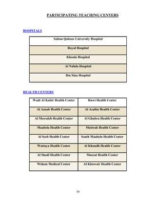 PARTICIPATI G TEACHI G CE TERS



HOSPITALS

                 Sultan Qaboos University Hospital

                          Royal Hospital

                         Khoula Hospital

                        Al ahda Hospital

                         Ibn Sina Hospital




HEALTH CE TERS

    Wadi Al Kabir Health Center            Ruwi Health Center

      Al Ansab Health Center             Al Azaiba Health Center

     Al Mawaleh Health Center           Al Ghubra Health Center

      Maabela Health Center              Muttrah Health Center

       Al Seeb Health Center           South Maabela Health Center

      Wattaya Health Center             Al Khoudh Health Center

      Al Shadi Health Center              Muscat Health Center

      Widam Medical Center              Al Khuwair Health Center




                                  50
 