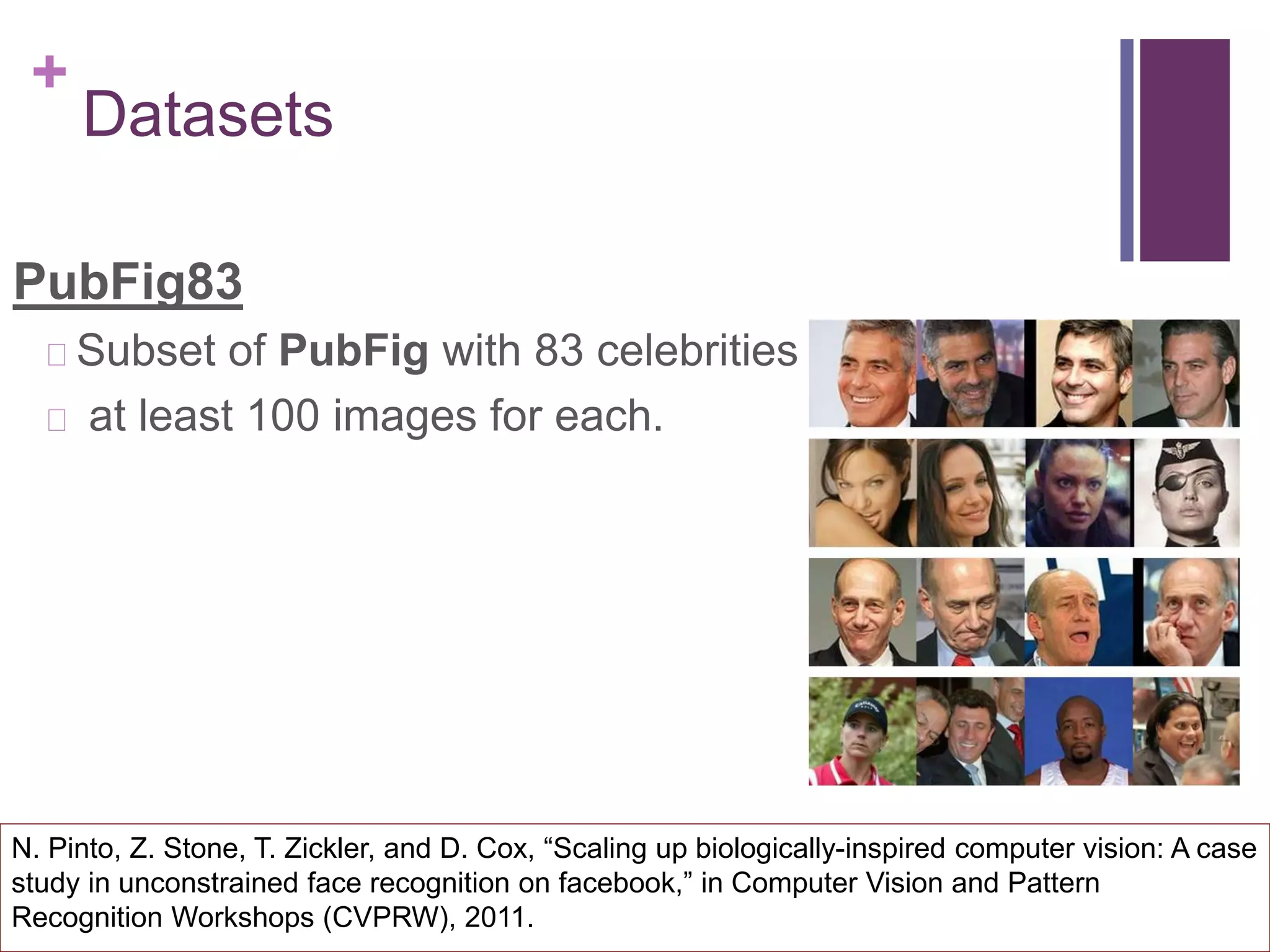 +
Datasets
PubFig83
Subset of PubFig with 83 celebrities
at least 100 images for each.
N. Pinto, Z. Stone, T. Zickler, and D. Cox, “Scaling up biologically-inspired computer vision: A case
study in unconstrained face recognition on facebook,” in Computer Vision and Pattern
Recognition Workshops (CVPRW), 2011.
 