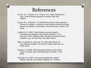 References
Duncan, B. L., Solovey, A. D., & Rusk, G.S. (1992) Changing the
  rules: A client-directed approach to therapy. New York:
  Guilford.

Duncan, B. L. & Sparks, J. A. (2004) Heroic clients, heroic agencies:
  Partners for change- a manual for client-directed outcome-informed
  therapy and effective, accountable, and just services. E-Book: ISTC
  Press.

Lambert, M.J. (1992). Psychotherapy outcome research:
  Implications for integrative and eclectic therapists. In J.C.
  Norcross & M.R. Goldfreid (Eds.) Handbook of psychotherapy
  Integration. (pp. 94-129). New York: Basic Books.

Miller, S. Hubble, M., & Duncan, B. (1995, March/April). No
    more bells and whistles. The Family Therapy Networker, pp.
    52-58, 62-63

Robinson, B. (2009). When therapist variable and the client’s
  theory of change meet. Psychotherapy in Australia, 15 (4),
  60-65.

Wampold, B. E. (2001). The great psychotherapy debate:
  Models, methods, and findings. Hillsdale, N.J.: Erlbaum
 