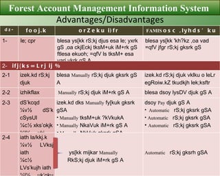 Advantages/Disadvantages Forest Account Management Information System  dz- fooj.k orZeku i)fr FAMIS   osc ,Iyhds’ku 1- le; cpr  blesa ys[kk rS;kj djus esa le; yxrk gS ,oa ckjEckj tksM+uk iM+rk gS ftlesa ekuoh; =qfV ls tksM+ esa varj vkrk gS A  blesa ys[kk 'kh?kz ,oa vad =qfV jfgr rS;kj gksrk gS  2-  ifj{ks= Lrj ij % 2-1 izek.kd rS;kj djuk blesa  Manually  rS;kj djuk gksrk gS A  izek.kd rS;kj djuk vklku o leLr egRoiw.kZ tkudkjh lek;ksftr gksrh gSA 2-2 izhikflax  Manually  rS;kj djuk iM+rk gS A  blesa dsoy lysDV djuk gS A 2-3 dS’kcqd ¼v½ dS’k cSysUl ¼c½ xks’okjk ¼l½ vkj , &ystj   izek.kd dks  Manually  fy[kuk gksrk gSA  Manually  tksM+uk ?kVkukA  Manually  NkaVuk iM+rk gS A Manually  NkVuk gksrk gSA dsoy  Pay   djuk gS A  Automatic   rS;kj gksrk gSA Automatic   rS;kj gksrk gSA Automatic   rS;kj gksrk gSA 2-4 iath la/kkj.k  ¼v½ LVksj iath ¼c½ LVs’kujh iath ¼l½ uk’oku iath ¼n½ eki iqfLrdk ys[kk mijkar   Manually   RkS;kj djuk iM+rk gS A  Automatic   rS;kj gksrh gSA 