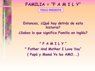Entonces, ¿Qué hay detrás de esta historia? ¿Sabes lo que significa Familia en inglés? " F A M I L Y ” " Father And Mother I Love You” ( Papá y Mamá Yo los AMO...) FAMILIA = “F A M I L Y” TENLO PRESENTE 