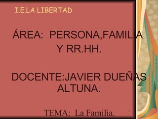 I.E.LA LIBERTAD ÁREA:  PERSONA,FAMILIA  Y RR.HH. DOCENTE:JAVIER DUEÑAS ALTUNA. TEMA:  La Familia. 
