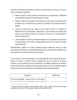 Comentar los aspectos que llamaron su atención del texto leído y con base en el mismo,
discutir en equipos lo siguiente:

    •    Retomar algunos casos conocidos de personas con discapacidad. Clasificarlos
         como ejemplos de los tres modelos citados en el texto.

    •    Analizar cuáles son los rasgos en las actitudes y/o discursos de las personas que
         prevalecen en la sociedad actual. Destacar lo referente a los contextos familiar y
         escolar.

    •    ¿Cuál es la fecha clave que, según el texto, marca un hito en lo referente al
         tratamiento de las denominadas “deficiencias”? ¿Qué impacto se considera que
         tuvieron otros eventos históricos de la época en el trato y la nueva perspectiva
         ante las “deficiencias”?

    •    ¿Qué actitudes se supone que debemos fortalecer en la sociedad actual para dar
         un trato igualitario a los niños con discapacidad y favorecer una cultura de respeto
         a las diferencias?

Posteriormente, redactar de manera individual algunas reflexiones sobre los retos
principales que enfrentan en la actualidad las personas con discapacidad, particularmente
en la relación con su familia, la escuela y la sociedad.



3. Leer el texto “El nicho de desarrollo: una conceptualización de la intersección de niño y
cultura”, de Super y Harkness. Formar equipos para que, con base en la lectura,
comenten qué se entiende por nicho de desarrollo, su carácter cambiante y la influencia
del niño sobre el nicho; además de leer el siguiente cuadro con el fin de redactar algunas
reflexiones a partir de cada situación y los planteamientos principales del texto:




                        Situación 1                                   Reflexiones

“Uno que se llamaba... que era mi tío, vio una bruja...
que ib     porque fu     jue a trai leña porque allá no


2
 Tomado de Oralia Rodríguez y Graciela Murillo (1985), Te voy a platicar de mi mundo. Muestra
del habla de niños de 6 a 7 años, México, Colegio de México/SEP, 1985.




                                              20
 