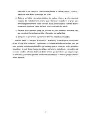 consolidar dichos derechos. Es importante plantear el costo económico, humano y
       social que tiene la falta de atención a la niñez.

    b) Elaborar un folleto informativo dirigido a los padres o tutores y a los maestros,
       respecto del maltrato infantil, mismo que deberá ser revisado en el grupo para
       difundirse posteriormente en los servicios de educación especial visitados durante
       observación y práctica, o bien, en otras instituciones de turno alterno.

    c) Recabar, en los espacios donde fue difundido el tríptico, opiniones acerca del valor
       que consideran tiene el uso de dicha información con las familias.

    d) Compartir en plenaria las experiencias obtenidas en dichas actividades.

11. Leer los textos: “El concepto de resiliencia”, de Munist y “Características psicosociales
de los niños y niñas resilientes”, de Kotliarenko. Posteriormente formar equipos para que
cada uno elija un testimonio biográfico de los casos que se presentan en los siguientes
recuadros y a partir de su elección identifiquen los factores protectores y vulnerables, así
como las variables referidas al contexto de las familias que permitieron que los personajes
en cada caso, pudieran superar las condiciones adversas de su infancia y lograr una vida
adulta favorable.




                                              32
 