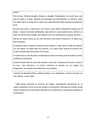 juvenil.

Poco locuaz, Etienne dibujaba, dibujaba y dibujaba. Dondequiera, en cuanto tenía una
hoja de papel y un lápiz, dibujaba los personajes que atormentaban su memoria, entre
los cuales había un amigo de su madre que aparentemente había abusado sexualmente
de él.

De una cosa a otra o, mejor dicho, de un trazo a otro, Etienne desarrolló la pasión por el
dibujo. A pesar de muchas dificultades, logró entrar en una escuela de arte y obtener su
título. No siempre tiene trabajo, pero llega a fin de mes vendiendo los cuadros que pinta.

Etienne se ocupa mucho de sus dos hermanos: les brinda la atención y el afecto que
tanto necesitan.

El problema que le queda por resolver es la relación o, mejor dicho, la falta de relación
con sus padres. Su padre está muy enfermo, y su madre quiso retomar el contacto con
él, pero rechazó este ofrecimiento con firmeza.

La historia de su vida de adulto se halla lejos de estar terminada, pues le quedan muchos
conflictos por solucionar.

A pesar de todo, Etienne pudo salir adelante, pudo crear, ocuparse de los otros, construir
su vida.    Sus hermanos y él mismo mantienen el contacto con sus padres de
acogimiento, con quienes tiene relaciones muy cordiales.

Tomando de Roseette Poletti y Bárbara Dobbs, en La Resiliencia, el arte de resurgir a la
vida, México, Lumen, 2005.



   Cada equipo expondrá su producto de trabajo, sistematizado previamente en un
cuadro comparativo como el que se muestra a continuación. Este ejercicio también puede
incluir el análisis de la información obtenida en los testimonios y entrevistas realizadas en
la actividad 5.




                                             35
 