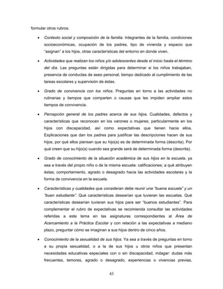 formular otros rubros.

   •   Contexto social y composición de la familia. Integrantes de la familia, condiciones
       socioeconómicas, ocupación de los padres, tipo de vivienda y espacio que
       “asignan” a los hijos, otras características del entorno en donde viven.

   •   Actividades que realizan los niños y/o adolescentes desde el inicio hasta el término
       del día. Las preguntas están dirigidas para determinar si los niños trabajaban,
       presencia de conductas de aseo personal, tiempo dedicado al cumplimiento de las
       tareas escolares y supervisión de éstas.

   •   Grado de convivencia con los niños. Preguntas en torno a las actividades no
       rutinarias y tiempos que comparten o causas que les impiden ampliar estos
       tiempos de convivencia.

   •   Percepción general de los padres acerca de sus hijos. Cualidades, defectos y
       características que reconocen en los varones o mujeres; particularmente en los
       hijos con discapacidad, así como expectativas que tienen hacia ellos.
       Explicaciones que dan los padres para justificar las descripciones hacen de sus
       hijos; por qué ellos piensan que su hijo(a) es de determinada forma (descrita). Por
       qué creen que su hijo(a) cuando sea grande será de determinada forma (descrita).

   •   Grado de conocimiento de la situación académica de sus hijos en la escuela, ya
       sea a través del propio niño o de la misma escuela: calificaciones; a qué atribuyen
       éstas; comportamiento, agrado o desagrado hacia las actividades escolares y la
       forma de convivencia en la escuela.

   •   Características y cualidades que consideran debe reunir una “buena escuela” y un
       “buen estudiante”. Qué características desearían que tuvieran las escuelas. Qué
       características desearían tuvieran sus hijos para ser “buenos estudiantes”. Para
       complementar el rubro de expectativas se recomienda consultar las actividades
       referidas a este tema en las asignaturas correspondientes al Área de
       Acercamiento a la Práctica Escolar y con relación a las expectativas a mediano
       plazo, preguntar cómo se imaginan a sus hijos dentro de cinco años.

   •   Conocimiento de la sexualidad de sus hijos. Ya sea a través de preguntas en torno
       a su propia sexualidad, o a la de sus hijos u otros niños que presentan
       necesidades educativas especiales con o sin discapacidad, indagar: dudas más
       frecuentes, temores, agrado o desagrado, experiencias o vivencias previas,


                                             43
 