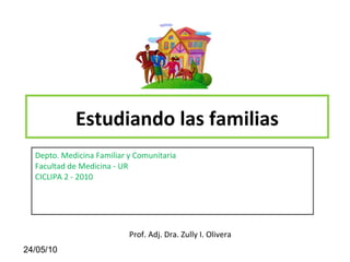 Haga clic para modificar el estilo de subtítulo del patrón
24/05/10
Estudiando las familias
Depto. Medicina Familiar y Comunitaria
Facultad de Medicina - UR
CICLIPA 2 - 2010
Prof. Adj. Dra. Zully I. Olivera
 