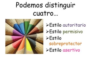 Podemos distinguir
cuatro…
Estilo autoritario
Estilo permisivo
Estilo
sobreprotector
Estilo asertivo
 