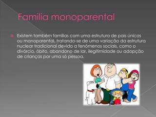  Existem também famílias com uma estrutura de pais únicos
ou monoparental, tratando-se de uma variação da estrutura
nuclear tradicional devido a fenómenos sociais, como o
divórcio, óbito, abandono de lar, ilegitimidade ou adopção
de crianças por uma só pessoa.
 