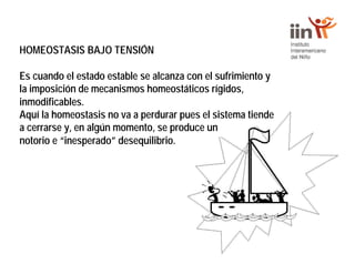HOMEOSTASIS BAJO TENSIÓN
Es cuando el estado estable se alcanza con el sufrimiento y
la imposición de mecanismos homeostáticos rígidos,
inmodificables.
Aquí la homeostasis no va a perdurar pues el sistema tiende
a cerrarse y, en algún momento, se produce un
notorio e “inesperado” desequilibrio.
 