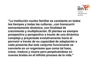 “La institución nucleo familiar es constante en todos
los tiempos y todas las culturas...con transcurrir
eminentemente dinámico, con finalidad de
crecimiento y multiplicación. El planteo es siempre
prospectivo y perspectivo a través de una dinámica
compleja y proyectada evolutivamente hacia el
porvenir a través de su capacidad de adaptación a
cada presente.Así este conjunto funcionante se
convierte en un organismo que como tal hace,
crece, madura y muere pero perpetuándose en
nuevos brotes en el infinito proceso de la vida.”
 