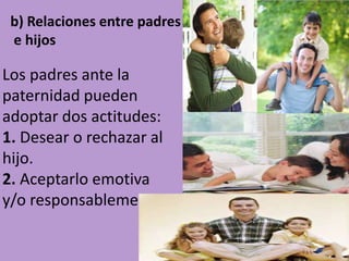 b) Relaciones entre padres
e hijos

Los padres ante la
paternidad pueden
adoptar dos actitudes:
1. Desear o rechazar al
hijo.
2. Aceptarlo emotiva
y/o responsablemente.

 