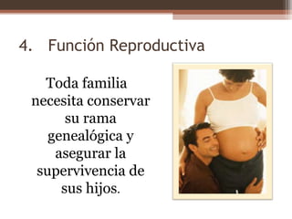 4. Función Reproductiva
Toda familia
necesita conservar
su rama
genealógica y
asegurar la
supervivencia de
sus hijos.
 