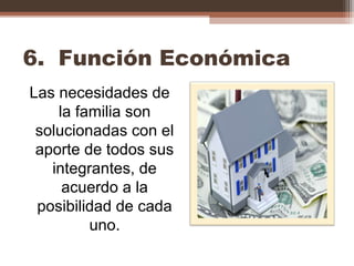 6. Función Económica
Las necesidades de
la familia son
solucionadas con el
aporte de todos sus
integrantes, de
acuerdo a la
posibilidad de cada
uno.
 
