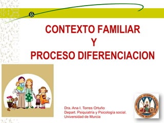 CONTEXTO FAMILIAR
Y
PROCESO DIFERENCIACION
Dra. Ana I. Torres Ortuño
Depart. Psiquiatría y Psicología social.
Universidad de Murcia
 