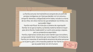 La familia comunal: Normalmente se compone de una serie de
parejas monógamas con hijos que deciden vivir en comuna y
compartir derechos y obligaciones entre todos, incluida la crianza
de los niños. Son ellos mismos los que establecen los límites a los
que pueden llegar.
Familia matrifocal: Se trata de un sistema de organización
familiar en el que la madre y su familia materna tienen el mayor
peso de la familia. Puede existir un varón como pareja o esposo,
pero su presencia es esporádica
Familia unipersonal: Consta de un solo miembro que vive soltero,
aunque puede tener relaciones que nunca llegarán a formalizarse.
Familia con mascotas: El sentimiento emocional de estas personas
con el perro, gato u otra mascota puede ser tan fuerte como el
que se puede tener con otro humano
 