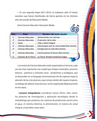 11
• En una segunda etapa (2011-2012) se realizaron siete (7) textos
escolares que fueron distribuidos de forma gratuita en los distintos
años de estudio de Educación Media.
Serie Ciencias Naturales: Educación Media
• Los textos de Ciencias Naturales están organizados en lecturas, cada
una de estas representa una unidad que integra contenidos, procesos
teóricos - prácticos y contextos socio - productivos y ecológicos, que
se desarrollan en un lenguaje conversacional a fin de capturar mejor la
atención de las y los jóvenes y que simule, dentro del espacio impreso,
un diálogo de saberes. Estas lecturas se han organizado didácticamente
en tres tipos:
- Lecturas integradoras: consideran temas afines, tales como:
los procesos de investigación y aplicación tecnológica desde la
metodología por proyecto, los sistemas de producción social como
el agua, el sistema eléctrico, la alimentación, el sistema de salud
integral, el petróleo, entre otros.
 