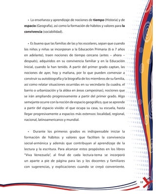 17
• La enseñanza y aprendizaje de nociones de tiempo (Historia) y de
espacio (Geografía), así como la formación de hábitos y valores para la
convivencia (sociabilidad).
• Es bueno que las familias de las y los escolares, sepan que cuando
los niños y niñas se incorporan a la Educación Primaria (6 o 7 años
en adelante), traen nociones de tiempo cercano (antes – ahora –
después), adquiridos en su convivencia familiar y en la Educación
Inicial, cuando la han tenido. A partir del primer grado captan, las
nociones de ayer, hoy y mañana, por lo que pueden comenzar a
construir su autobiografía y la biografía de los miembros de su familia,
así como relatar situaciones ocurridas en su vecindario (la cuadra, el
barrio o urbanización y la aldea en áreas campesinas), nociones que
se irán ampliando progresivamente a partir del primer grado. Algo
semejante ocurre con la noción de espacio geográfico, que se aprende
a partir del espacio vivido: el que ocupa su casa, su escuela, hasta
llegar progresivamente a espacios más extensos: localidad, regional,
nacional, latinoamericanos y mundial.
• Durante los primeros grados es indispensable iniciar la
formación de hábitos y valores que faciliten la convivencia
social-armónica y además que contribuyan al aprendizaje de la
lectura y la escritura. Para alcanzar estos propósitos en los libros
“Viva Venezuela”, al final de cada lectura-tema se incorporó
un aparte a pie de página para las y los docentes y familiares
con sugerencias, y explicaciones cuando se creyó conveniente.
 