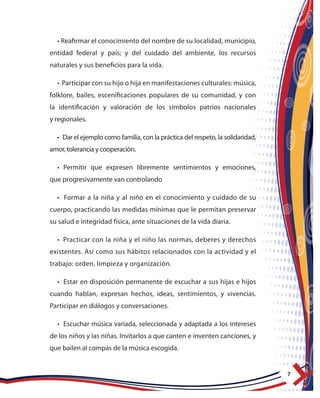 7
• Reafirmar el conocimiento del nombre de su localidad, municipio,
entidad federal y país; y del cuidado del ambiente, los recursos
naturales y sus beneficios para la vida.
• Participar con su hijo o hija en manifestaciones culturales: música,
folklore, bailes, escenificaciones populares de su comunidad, y con
la identificación y valoración de los símbolos patrios nacionales
y regionales.
• Dar el ejemplo como familia, con la práctica del respeto, la solidaridad,
amor, tolerancia y cooperación.
• Permitir que expresen libremente sentimientos y emociones,
que progresivamente van controlando
• Formar a la niña y al niño en el conocimiento y cuidado de su
cuerpo, practicando las medidas mínimas que le permitan preservar
su salud e integridad física, ante situaciones de la vida diaria.
• Practicar con la niña y el niño las normas, deberes y derechos
existentes. Así como sus hábitos relacionados con la actividad y el
trabajo: orden, limpieza y organización.
• Estar en disposición permanente de escuchar a sus hijas e hijos
cuando hablan, expresan hechos, ideas, sentimientos, y vivencias.
Participar en diálogos y conversaciones.
• Escuchar música variada, seleccionada y adaptada a los intereses
de los niños y las niñas. Invitarlos a que canten e inventen canciones, y
que bailen al compás de la música escogida.
 
