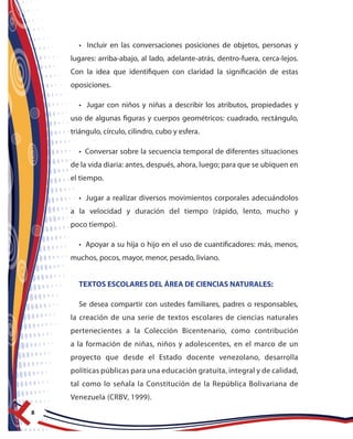 8
• Incluir en las conversaciones posiciones de objetos, personas y
lugares: arriba-abajo, al lado, adelante-atrás, dentro-fuera, cerca-lejos.
Con la idea que identifiquen con claridad la significación de estas
oposiciones.
• Jugar con niños y niñas a describir los atributos, propiedades y
uso de algunas figuras y cuerpos geométricos: cuadrado, rectángulo,
triángulo, círculo, cilindro, cubo y esfera.
• Conversar sobre la secuencia temporal de diferentes situaciones
de la vida diaria: antes, después, ahora, luego; para que se ubiquen en
el tiempo.
• Jugar a realizar diversos movimientos corporales adecuándolos
a la velocidad y duración del tiempo (rápido, lento, mucho y
poco tiempo).
• Apoyar a su hija o hijo en el uso de cuantificadores: más, menos,
muchos, pocos, mayor, menor, pesado, liviano.
TEXTOS ESCOLARES DEL ÁREA DE CIENCIAS NATURALES:
Se desea compartir con ustedes familiares, padres o responsables,
la creación de una serie de textos escolares de ciencias naturales
pertenecientes a la Colección Bicentenario, como contribución
a la formación de niñas, niños y adolescentes, en el marco de un
proyecto que desde el Estado docente venezolano, desarrolla
políticas públicas para una educación gratuita, integral y de calidad,
tal como lo señala la Constitución de la República Bolivariana de
Venezuela (CRBV, 1999).
 