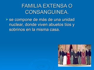 FAMILIA EXTENSA O CONSANGUINEA. se compone de más de una unidad nuclear, donde viven abuelos tíos y sobrinos en la misma casa. 
