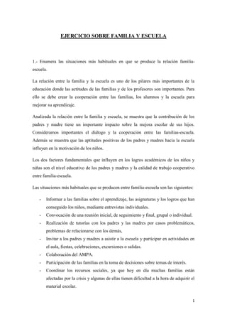 1
EJERCICIO SOBRE FAMILIA Y ESCUELA
1.- Enumera las situaciones más habituales en que se produce la relación familia-
escuela.
La relación entre la familia y la escuela es uno de los pilares más importantes de la
educación donde las actitudes de las familias y de los profesores son importantes. Para
ello se debe crear la cooperación entre las familias, los alumnos y la escuela para
mejorar su aprendizaje.
Analizada la relación entre la familia y escuela, se muestra que la contribución de los
padres y madre tiene un importante impacto sobre la mejora escolar de sus hijos.
Consideramos importantes el diálogo y la cooperación entre las familias-escuela.
Además se muestra que las aptitudes positivas de los padres y madres hacia la escuela
influyen en la motivación de los niños.
Los dos factores fundamentales que influyen en los logros académicos de los niños y
niñas son el nivel educativo de los padres y madres y la calidad de trabajo cooperativo
entre familia-escuela.
Las situaciones más habituales que se producen entre familia-escuela son las siguientes:
- Informar a las familias sobre el aprendizaje, las asignaturas y los logros que han
conseguido los niños, mediante entrevistas individuales.
- Convocación de una reunión inicial, de seguimiento y final, grupal o individual.
- Realización de tutorías con los padres y las madres por casos problemáticos,
problemas de relacionarse con los demás,
- Invitar a los padres y madres a asistir a la escuela y participar en actividades en
el aula, fiestas, celebraciones, excursiones o salidas.
- Colaboración del AMPA.
- Participación de las familias en la toma de decisiones sobre temas de interés.
- Coordinar los recursos sociales, ya que hoy en día muchas familias están
afectadas por la crisis y algunas de ellas tienen dificultad a la hora de adquirir el
material escolar.
 