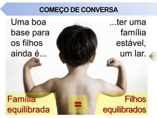 COMEÇO DE CONVERSA
Uma boa
base para
os filhos
ainda é...
...ter uma
família
estável,
um lar.
Filhos
equilibrados
Família
equilibrada =
22
 