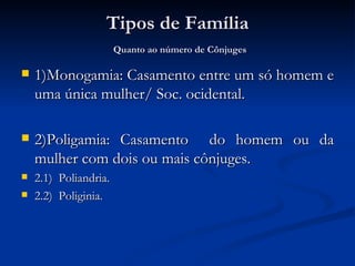 Tipos de Família   Quanto ao número de Cônjuges 1)Monogamia: Casamento entre um só homem e uma única mulher/ Soc. ocidental. 2)Poligamia: Casamento  do homem ou da mulher com dois ou mais cônjuges. 2.1)  Poliandria. 2.2)  Poliginia. 