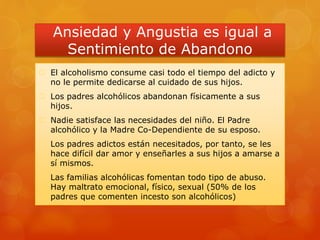Ansiedad y Angustia es igual a
Sentimiento de Abandono
 El alcoholismo consume casi todo el tiempo del adicto y
no le permite dedicarse al cuidado de sus hijos.
 Los padres alcohólicos abandonan físicamente a sus
hijos.
 Nadie satisface las necesidades del niño. El Padre
alcohólico y la Madre Co-Dependiente de su esposo.
 Los padres adictos están necesitados, por tanto, se les
hace difícil dar amor y enseñarles a sus hijos a amarse a
sí mismos.
 Las familias alcohólicas fomentan todo tipo de abuso.
Hay maltrato emocional, físico, sexual (50% de los
padres que comenten incesto son alcohólicos)
 