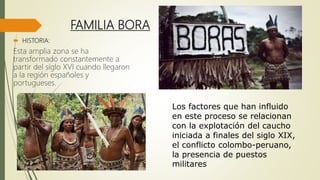 FAMILIA BORA
 HISTORIA:
Esta amplia zona se ha
transformado constantemente a
partir del siglo XVI cuando llegaron
a la región españoles y
portugueses.
Los factores que han influido
en este proceso se relacionan
con la explotación del caucho
iniciada a finales del siglo XIX,
el conflicto colombo-peruano,
la presencia de puestos
militares
 